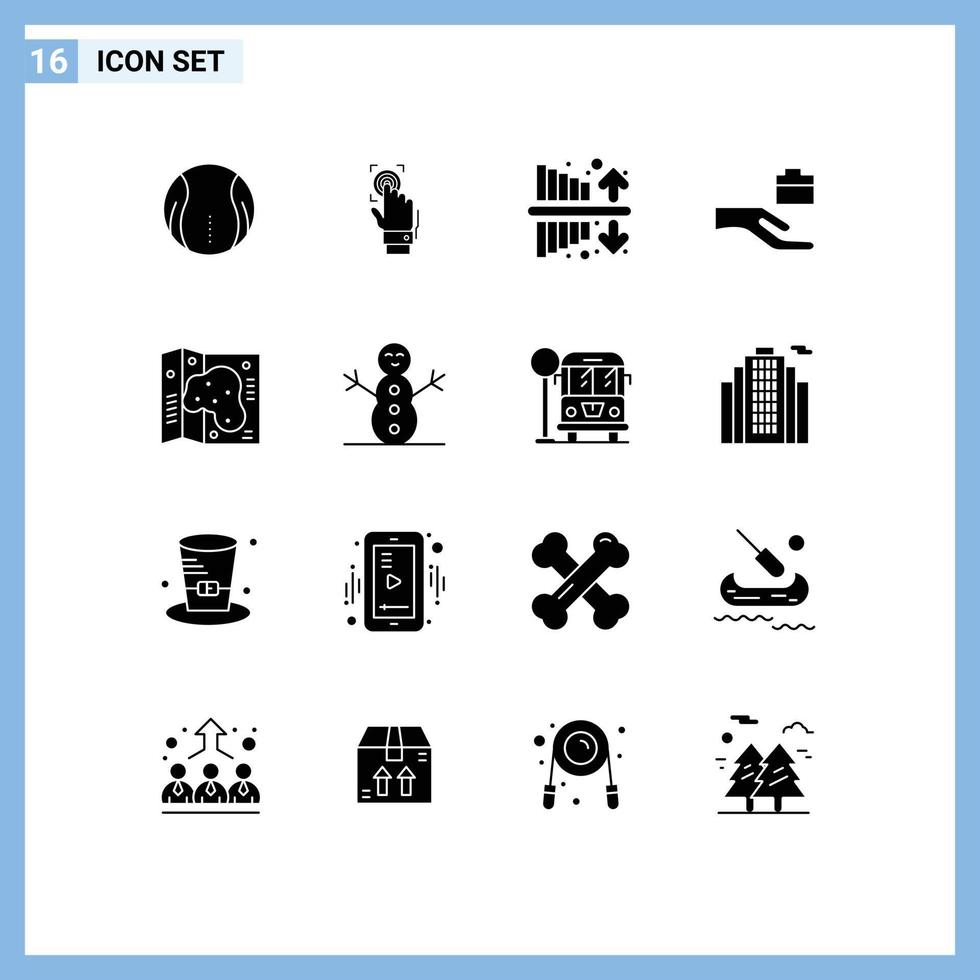 16 Universal Solid Glyph Signs Symbols of map hand scanner folder investment Editable Vector Design Elements