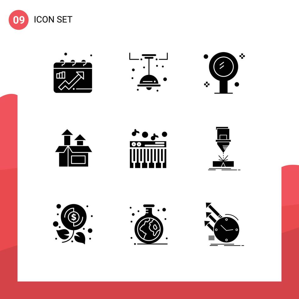 Set of 9 Commercial Solid Glyphs pack for music performance bathroom method reflection Editable Vector Design Elements