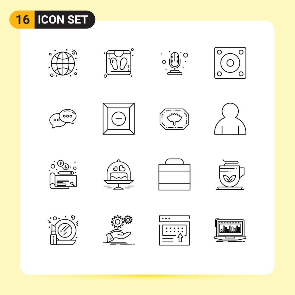 Set of 16 Vector Outlines on Grid for dialogue chatting microphone chat hard disk Editable Vector Design Elements