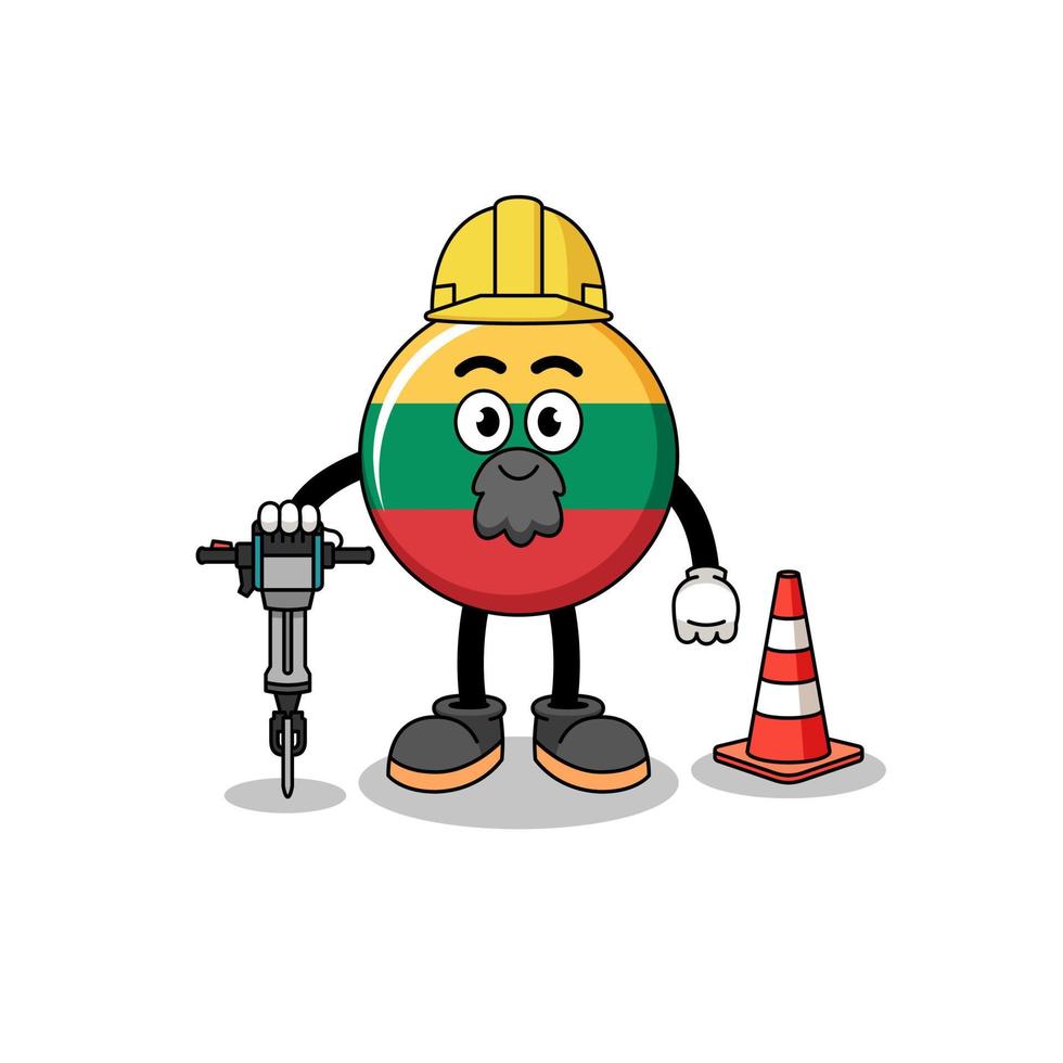 Character cartoon of lithuania flag working on road construction vector