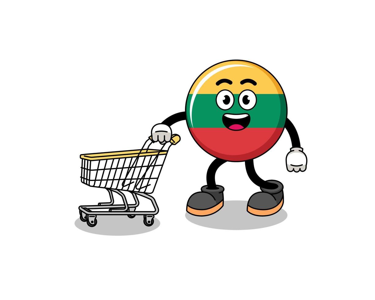 Cartoon of lithuania flag holding a shopping trolley vector