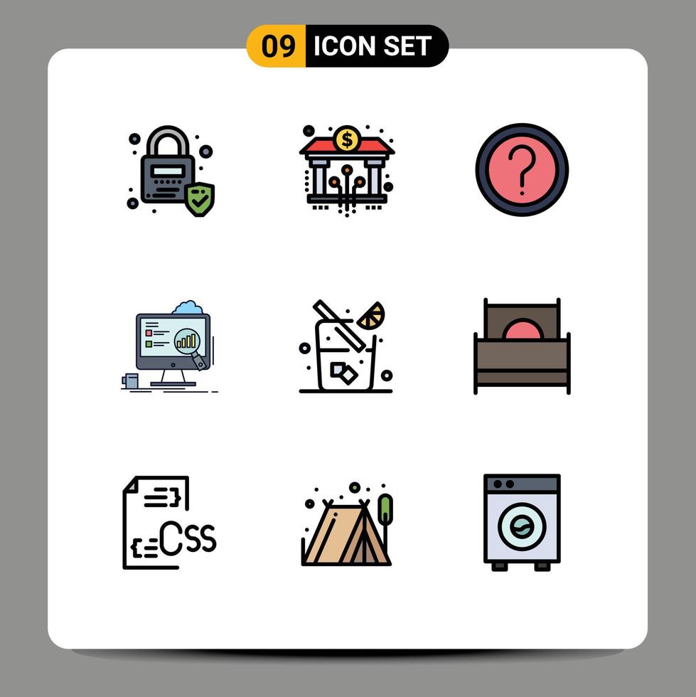 Set of 9 Commercial Filledline Flat Colors pack for juice laptop faq presentation analytics Editable Vector Design Elements