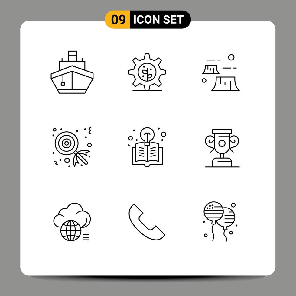 paquete de 9 signos y símbolos de contornos modernos para medios de impresión web, como elementos de diseño de vectores editables para entornos de postres de fábricas de piruletas educativas