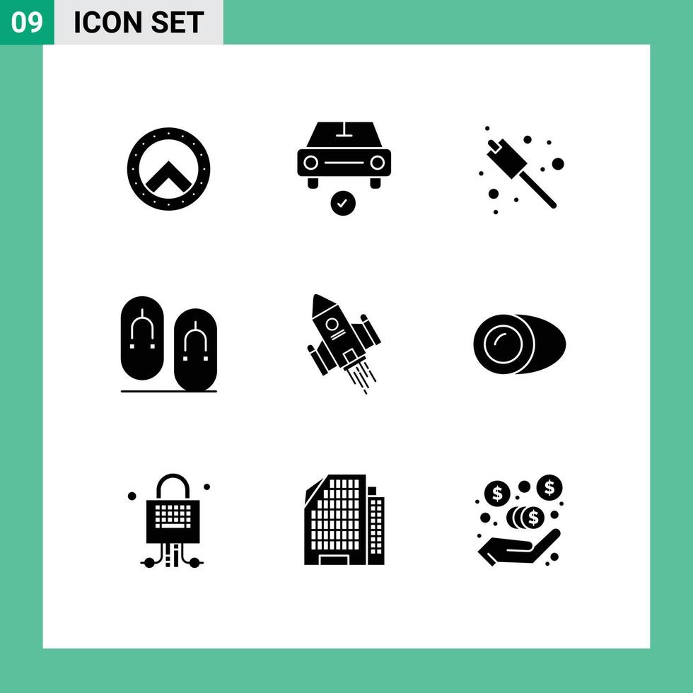 Editable Vector Line Pack of 9 Simple Solid Glyphs of space space craft camping travel flops Editable Vector Design Elements
