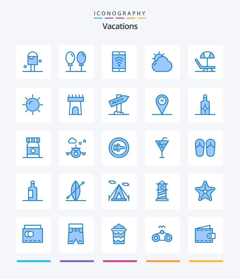 vacaciones creativas 25 paquete de iconos azules como la playa. verano. playa. playa. brillando vector