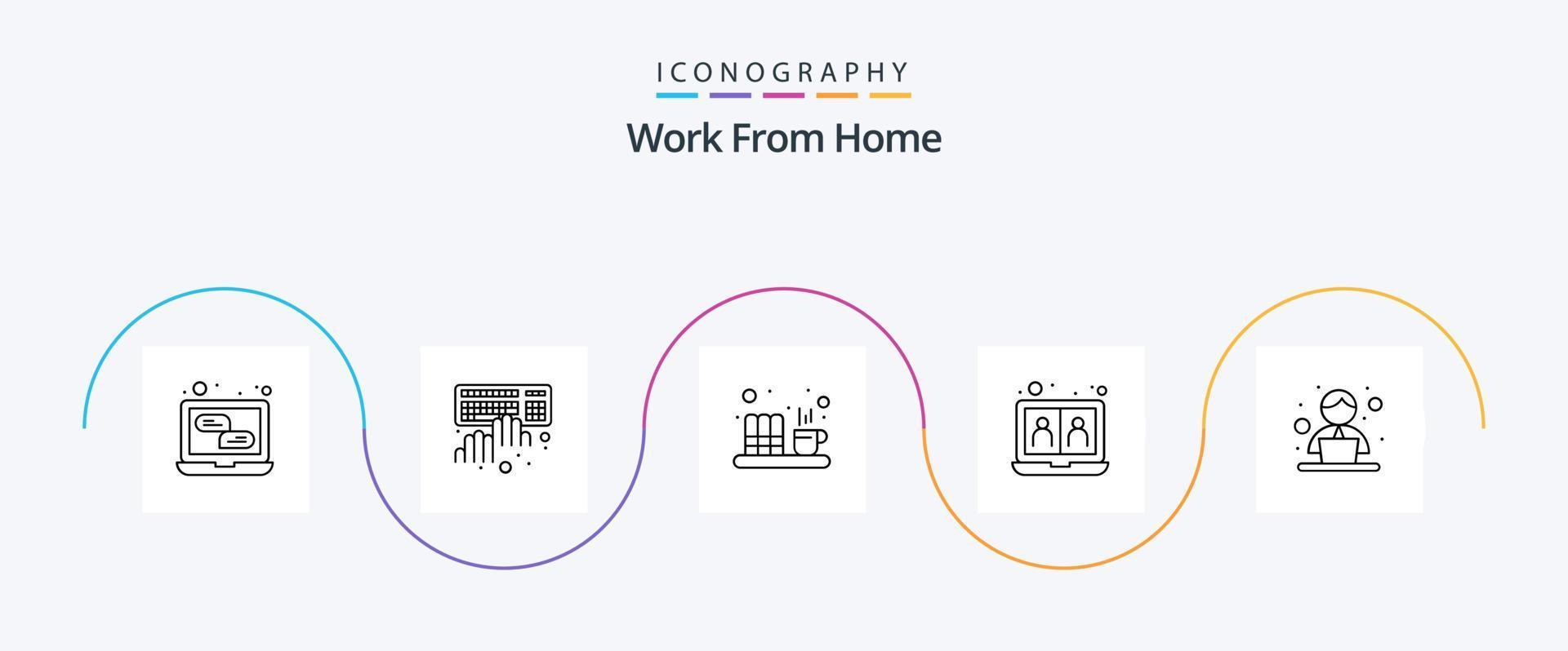 trabajar desde el paquete de iconos de la línea 5 de casa, incluido el uso compartido. reunión. laboral. comunicación. té vector