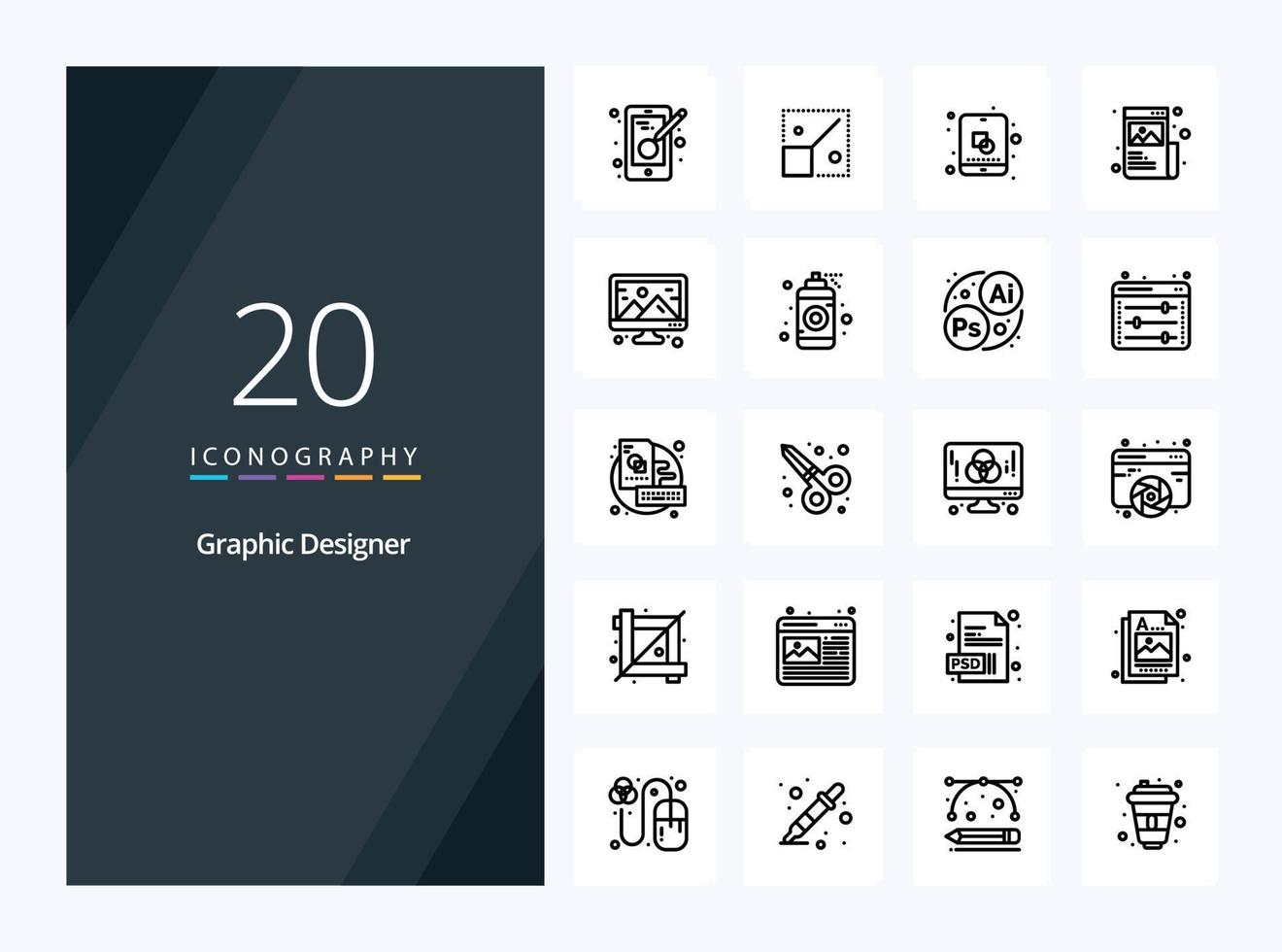 20 icono de esquema de diseñador gráfico para presentación vector