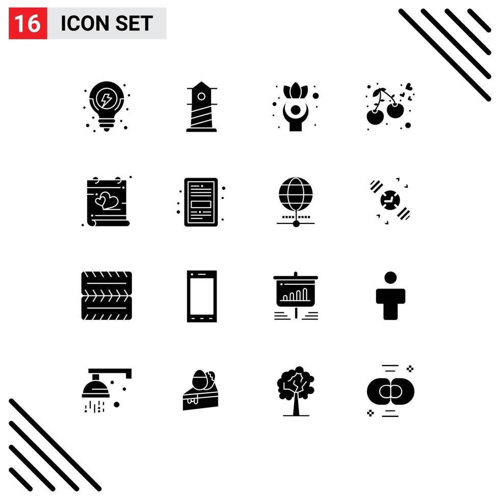 Pictogram Set of 16 Simple Solid Glyphs of heart calendar healthy food berry Editable Vector Design Elements