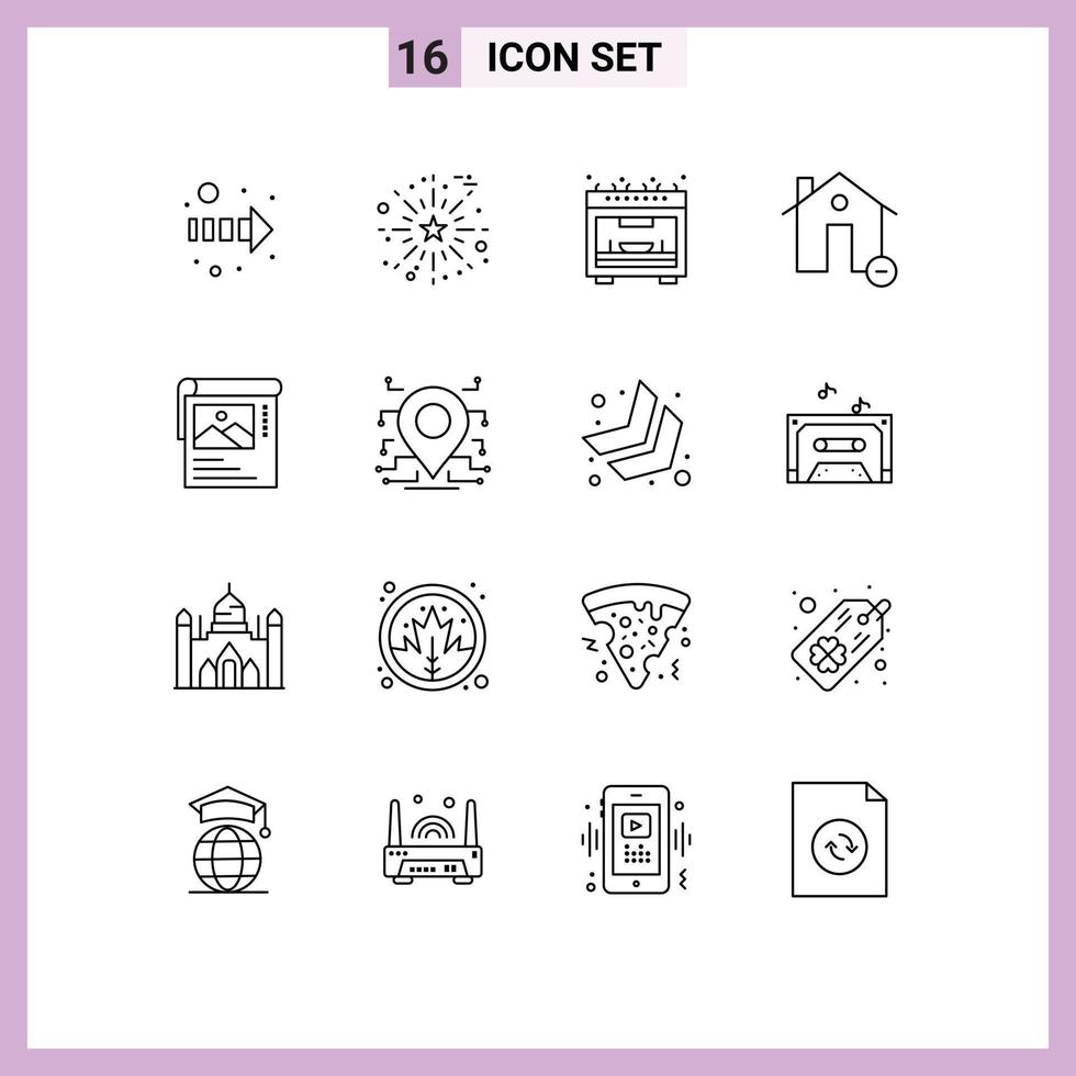 Mobile Interface Outline Set of 16 Pictograms of poster cleander microwave minus estate Editable Vector Design Elements