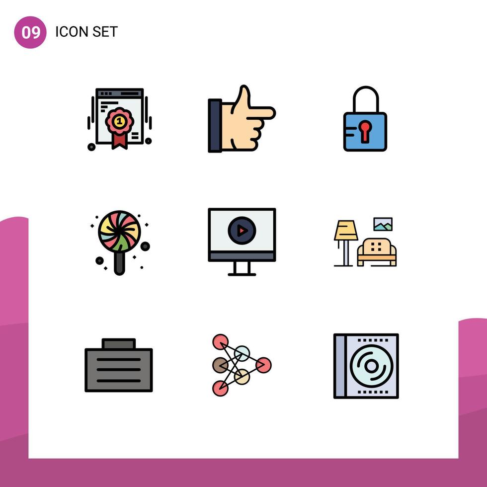 Pictogram Set of 9 Simple Filledline Flat Colors of room video locked player candy Editable Vector Design Elements