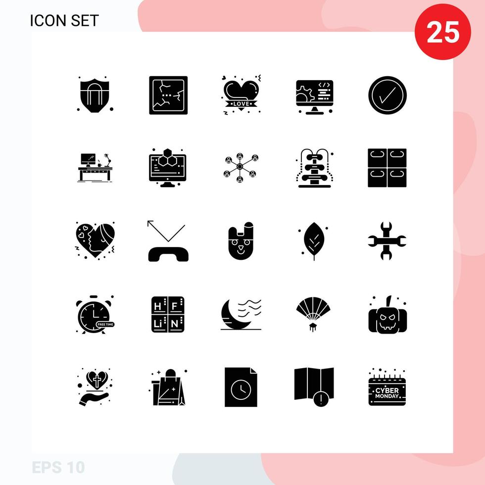 Pack of 25 Modern Solid Glyphs Signs and Symbols for Web Print Media such as workplace interface love tick setting Editable Vector Design Elements