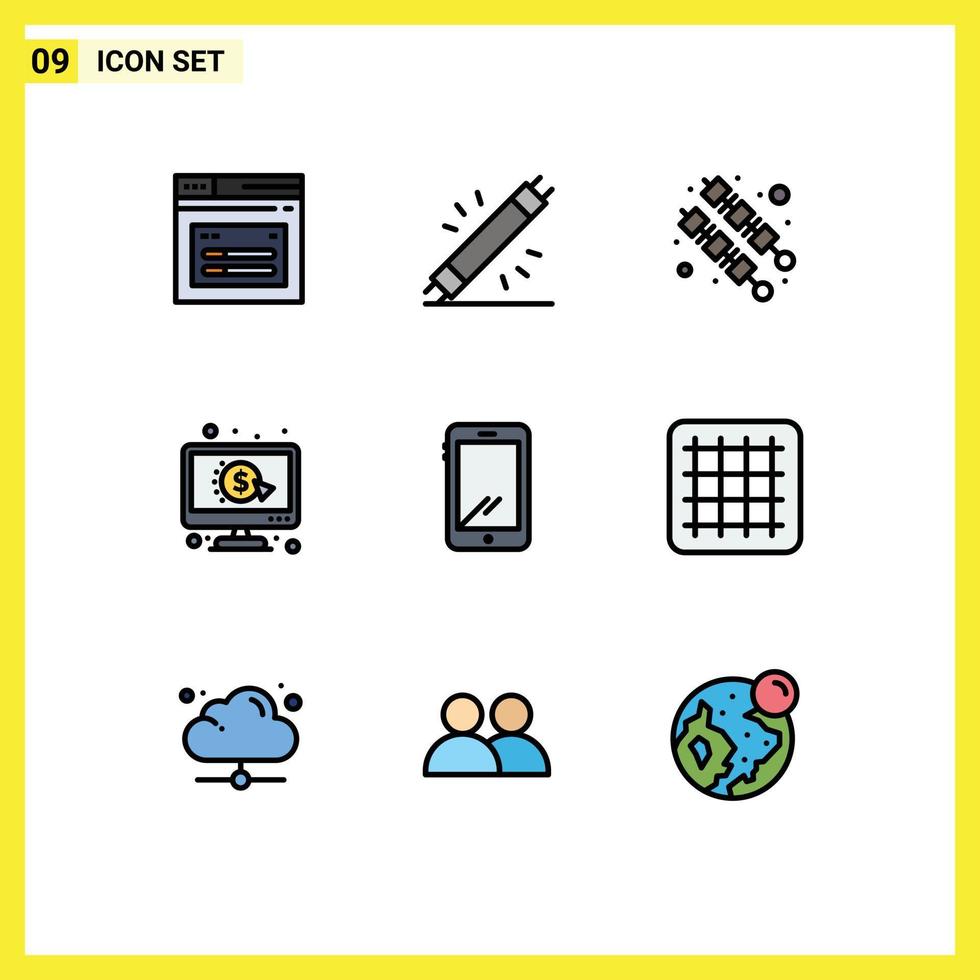 Universal Icon Symbols Group of 9 Modern Filledline Flat Colors of smart phone ppc hardware per click Editable Vector Design Elements