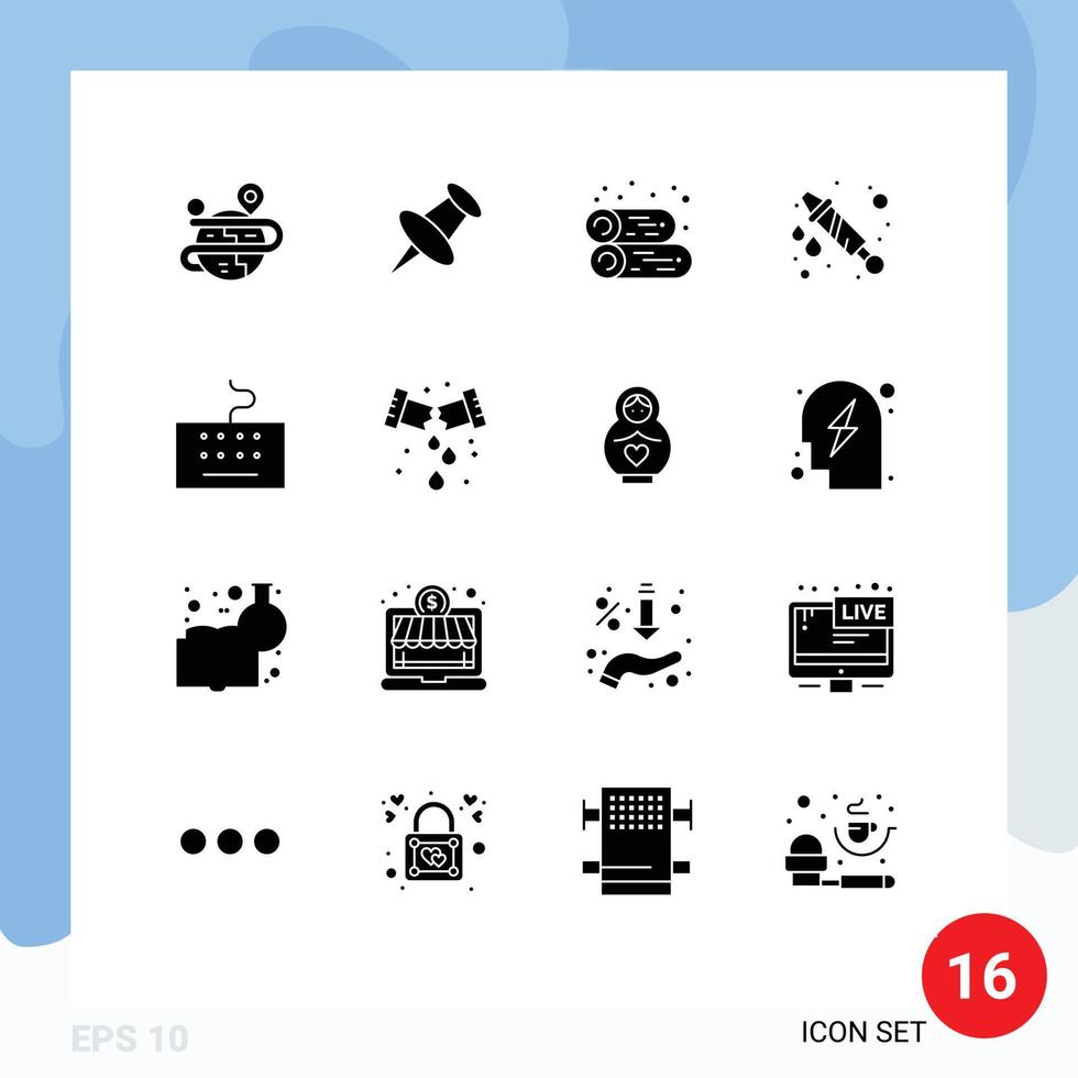 16 Universal Solid Glyph Signs Symbols of leak keyboard countryside hardware water gun Editable Vector Design Elements