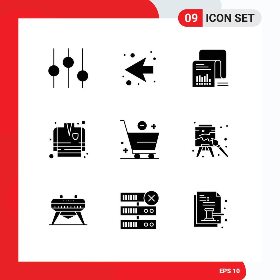 Mobile Interface Solid Glyph Set of 9 Pictograms of minus commerce documents cart fire fighting coat Editable Vector Design Elements