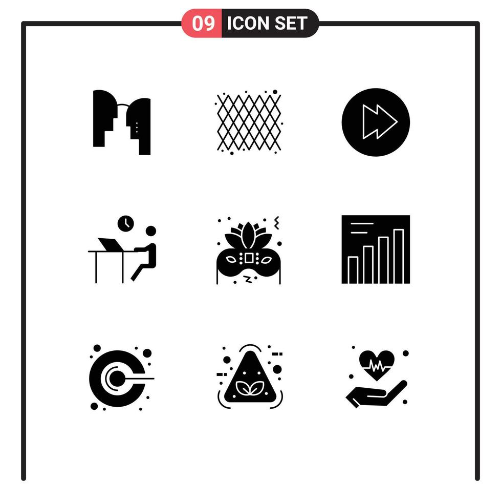 Pack of 9 creative Solid Glyphs of party costume forward staff office Editable Vector Design Elements
