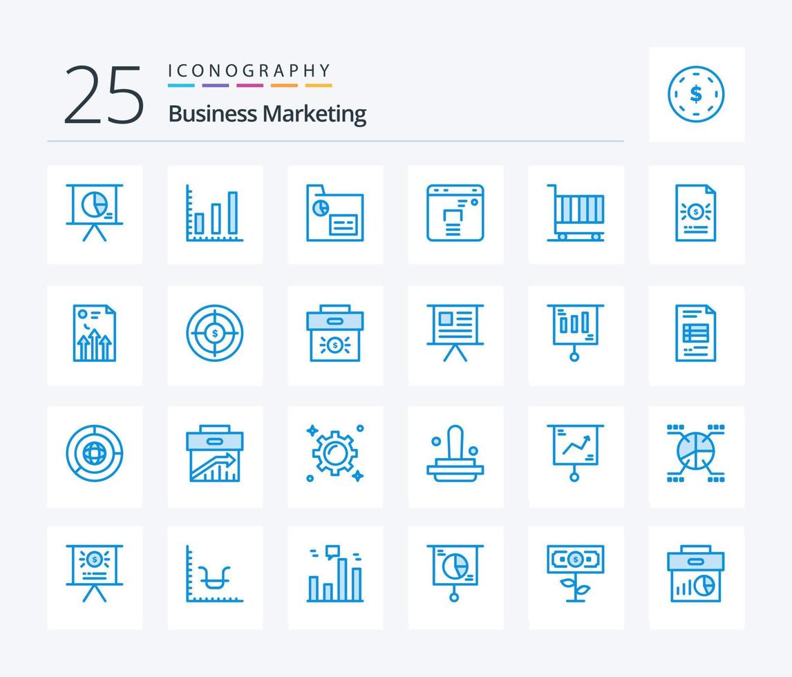 marketing empresarial paquete de 25 iconos de color azul que incluye . finanzas. negocio. registros vector