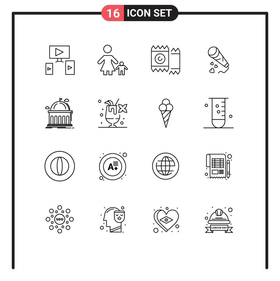 Pack of 16 creative Outlines of library loving condom love mic Editable Vector Design Elements