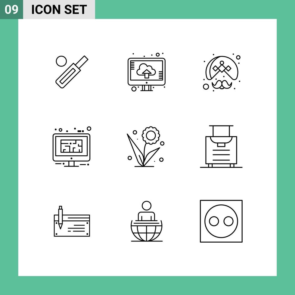 Mobile Interface Outline Set of 9 Pictograms of floor blue upload monitor turban Editable Vector Design Elements