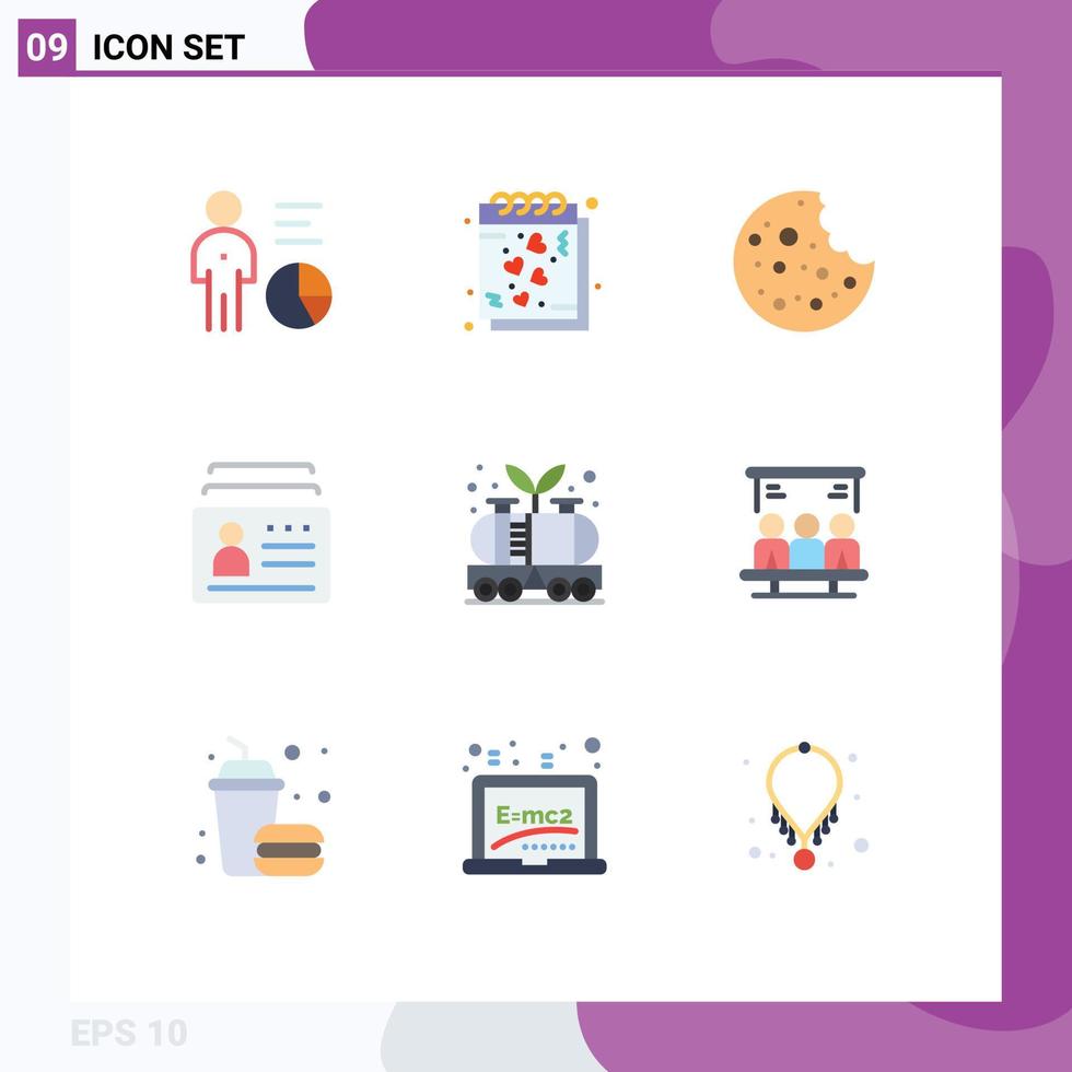 Mobile Interface Flat Color Set of 9 Pictograms of identification document notes card slice Editable Vector Design Elements