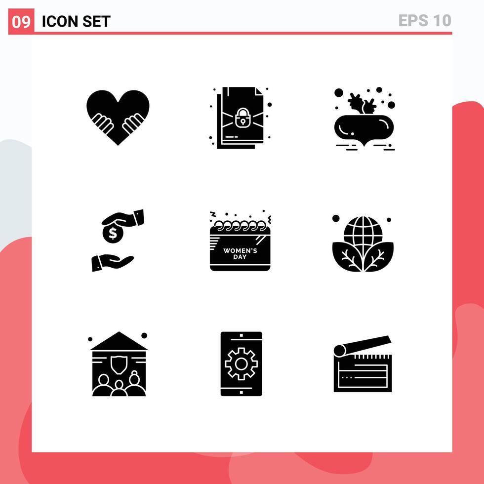 Set of 9 Vector Solid Glyphs on Grid for celebrate schedule food calendar bureaucracy Editable Vector Design Elements