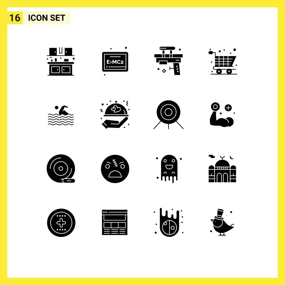 Mobile Interface Solid Glyph Set of 16 Pictograms of swim activity gun shopping cart Editable Vector Design Elements