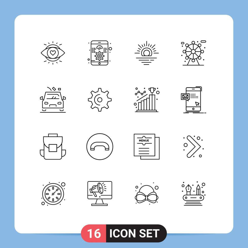 16 Universal Outlines Set for Web and Mobile Applications road danger sun car life Editable Vector Design Elements