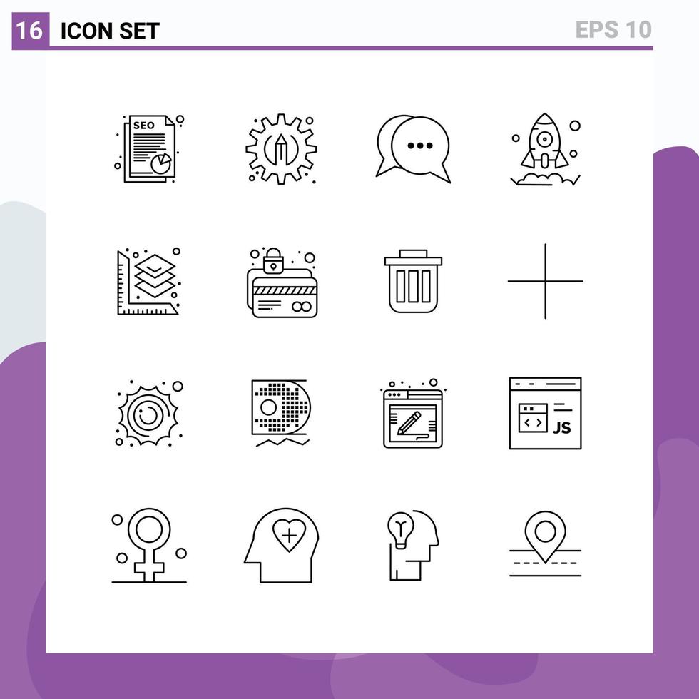 Modern Set of 16 Outlines Pictograph of atm card printing conversation scale launch Editable Vector Design Elements