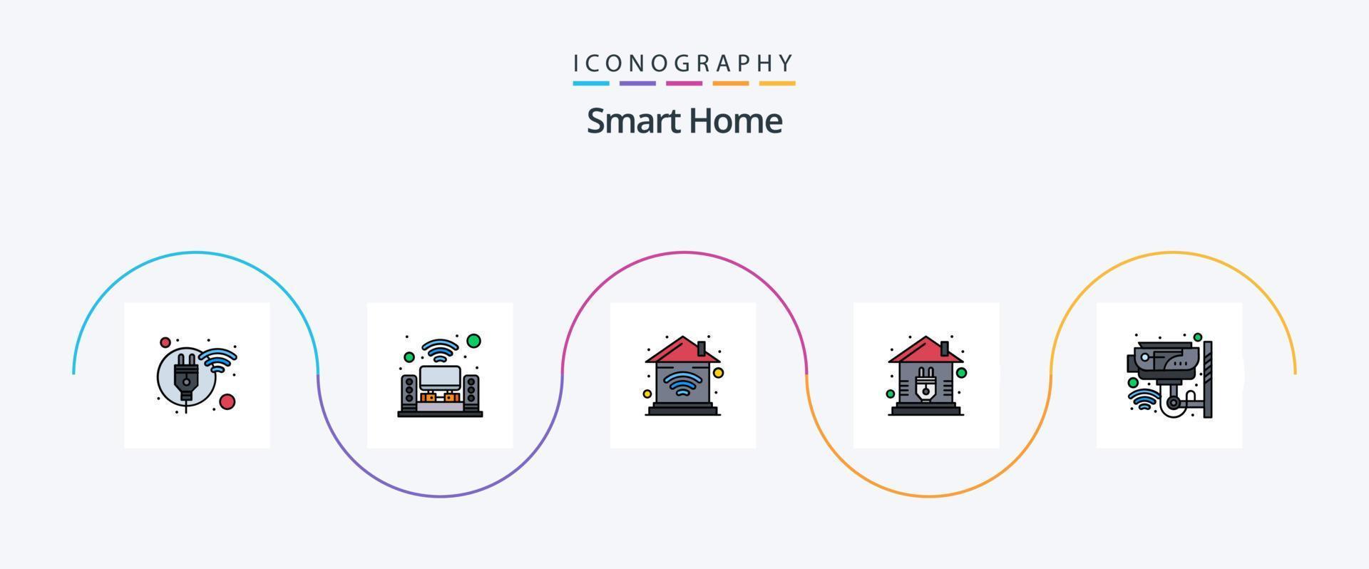 Smart Home Line Filled Flat 5 Icon Pack Including cctv. plug. music system. home. wifi vector