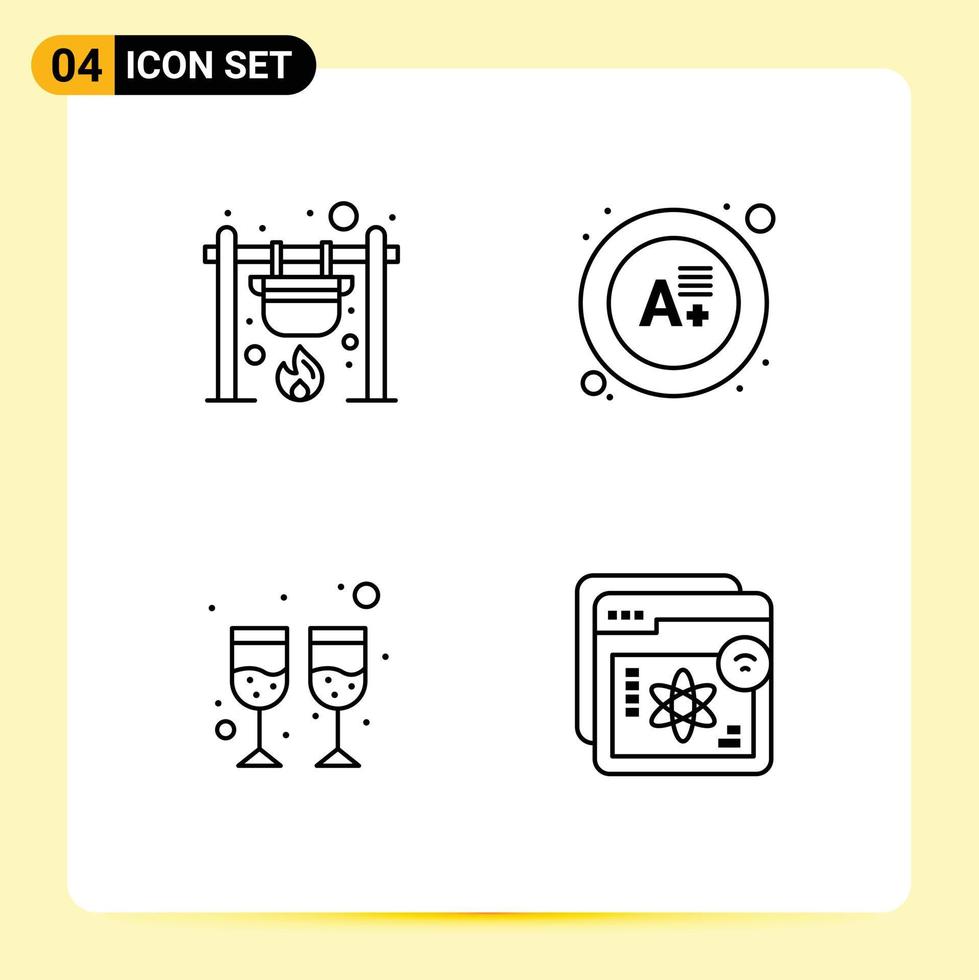 Set of 4 Modern UI Icons Symbols Signs for bonfire glass cook grade website Editable Vector Design Elements