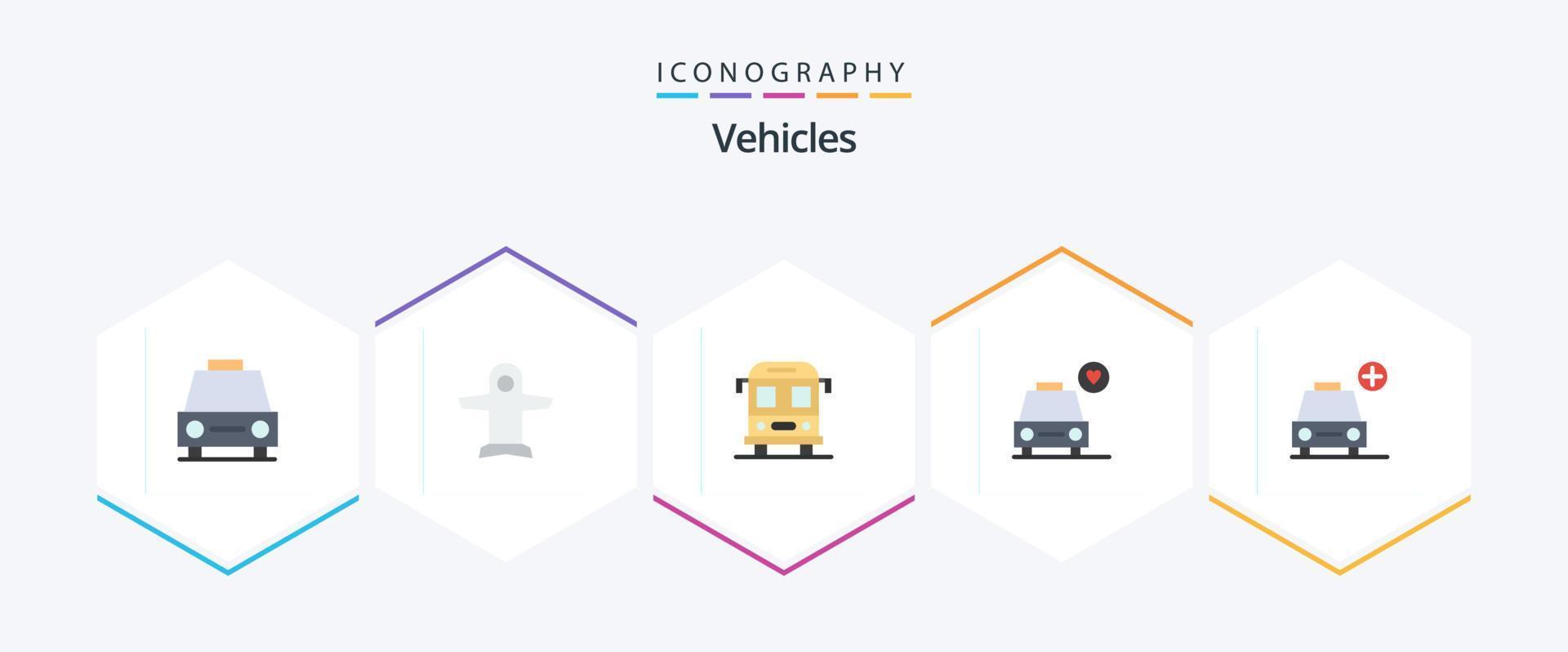 Paquete de 25 iconos planos de vehículos que incluye agregar. auto. vehículos corazón. auto vector