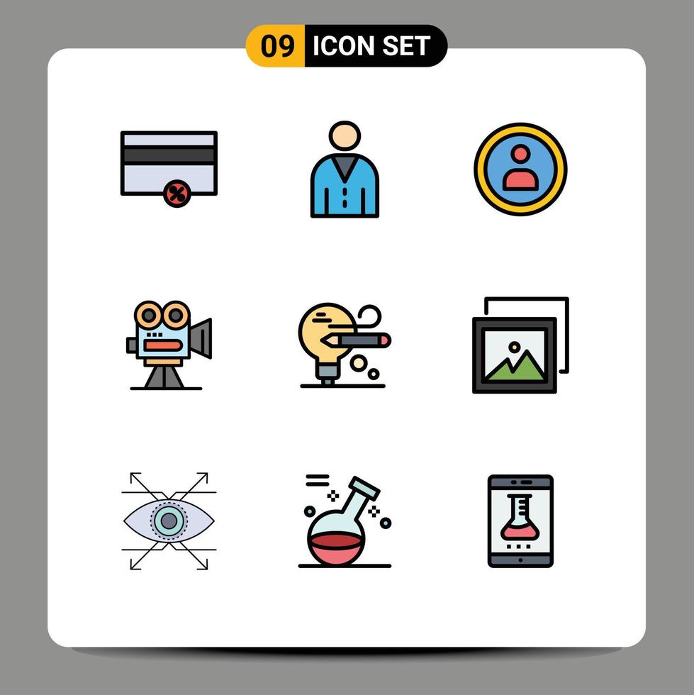 9 Universal Filledline Flat Color Signs Symbols of bulb movie user film camera Editable Vector Design Elements