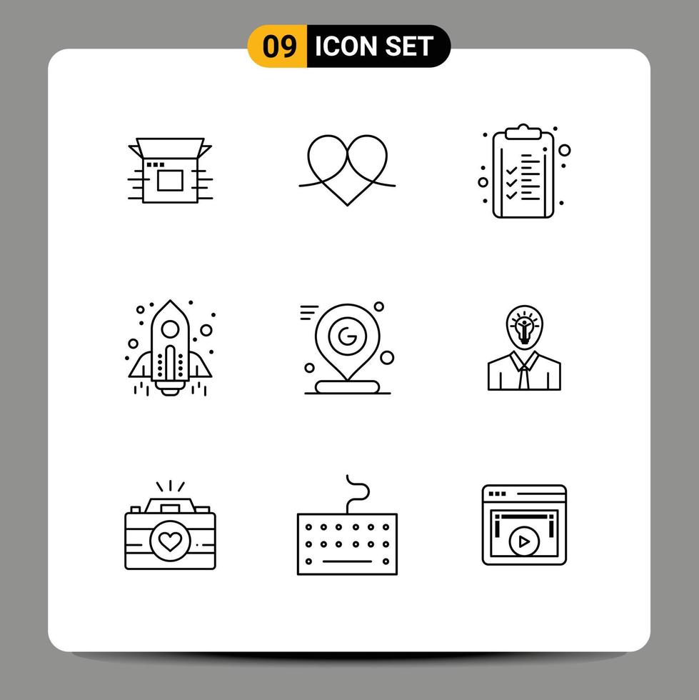 Pictogram Set of 9 Simple Outlines of launch spaceship like rocket clipboard Editable Vector Design Elements