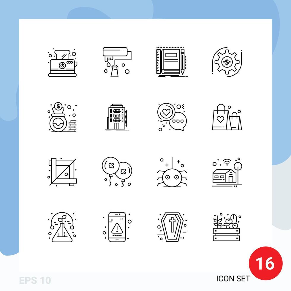 paquete de iconos de vectores de stock de 16 signos y símbolos de línea para la configuración del libro de dólares de la bolsa dibujando elementos de diseño de vectores editables