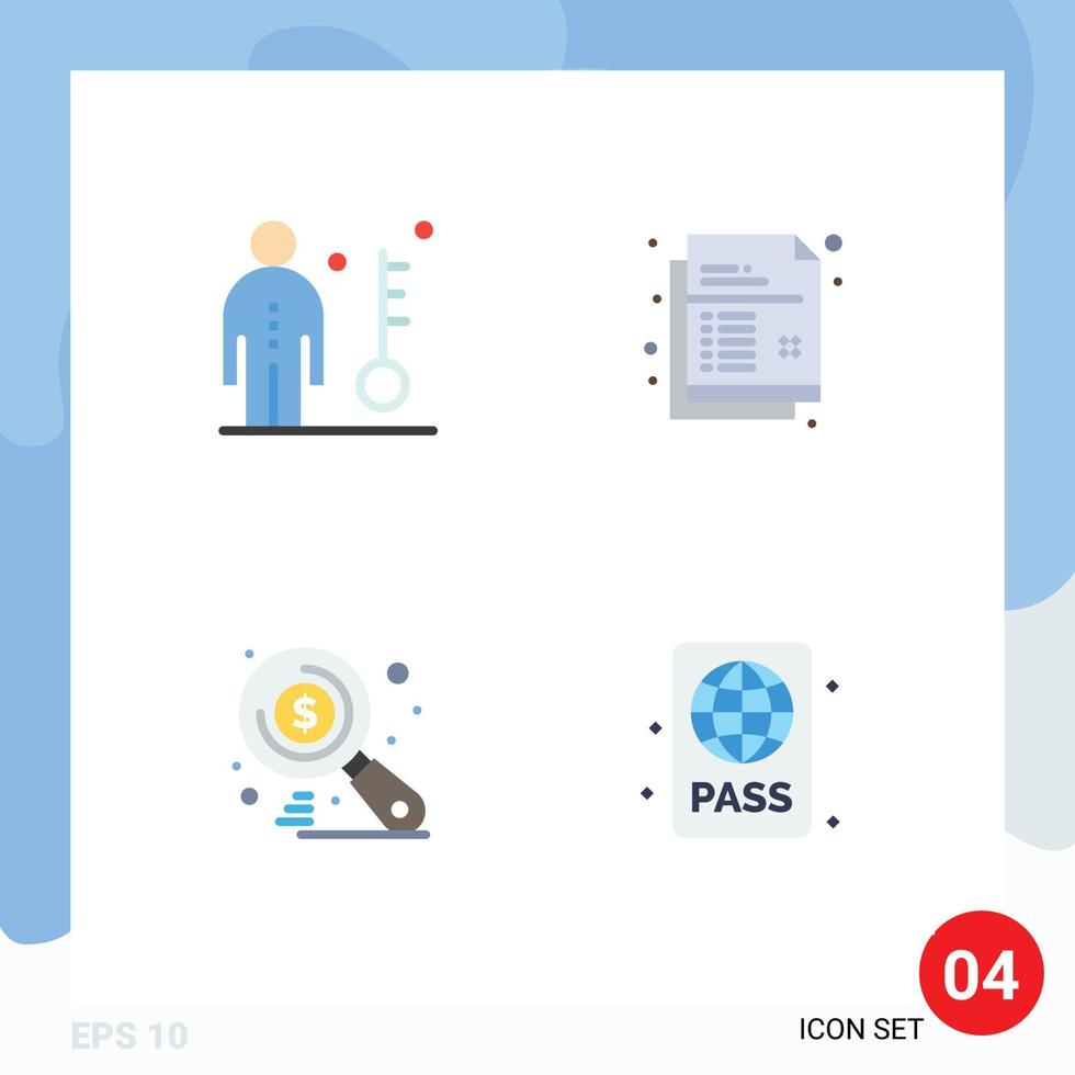Pack of 4 Modern Flat Icons Signs and Symbols for Web Print Media such as employee money key document search Editable Vector Design Elements
