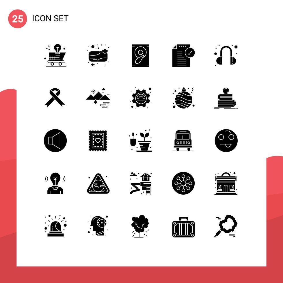 Modern Set of 25 Solid Glyphs Pictograph of headset notice clean document approve Editable Vector Design Elements