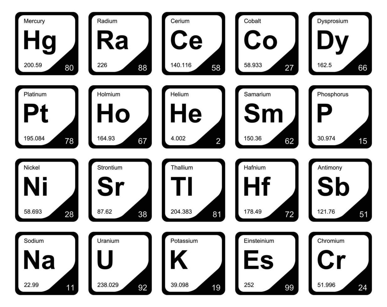 diseño de paquete de iconos de 20 tablas preiodicas de los elementos vector