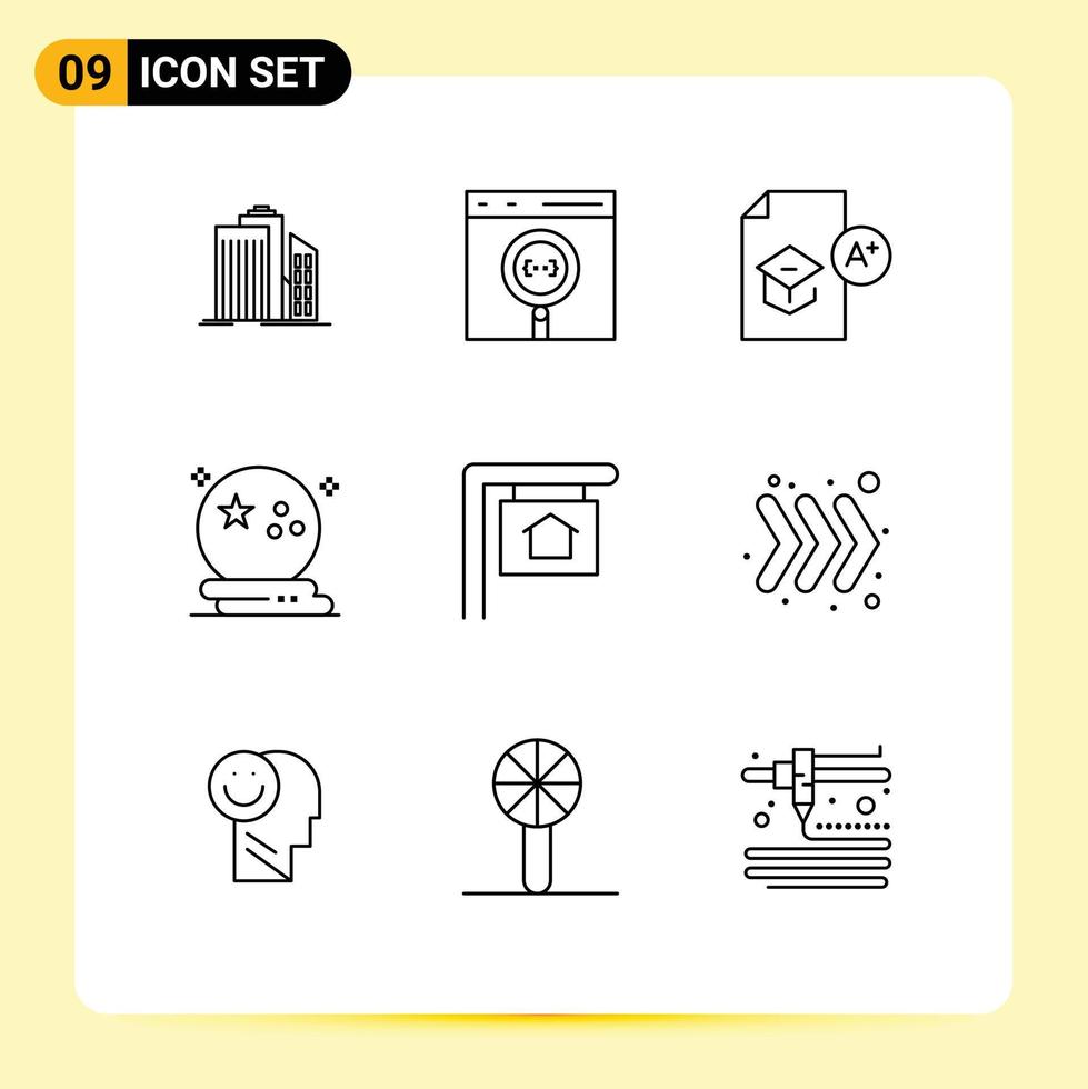 Pack of 9 Modern Outlines Signs and Symbols for Web Print Media such as halloween study coding school graduation Editable Vector Design Elements