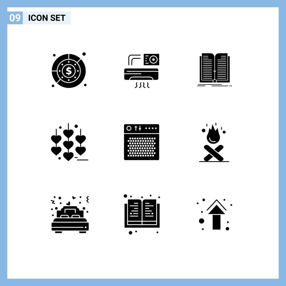 Modern Set of 9 Solid Glyphs and symbols such as audio chain room love book Editable Vector Design Elements