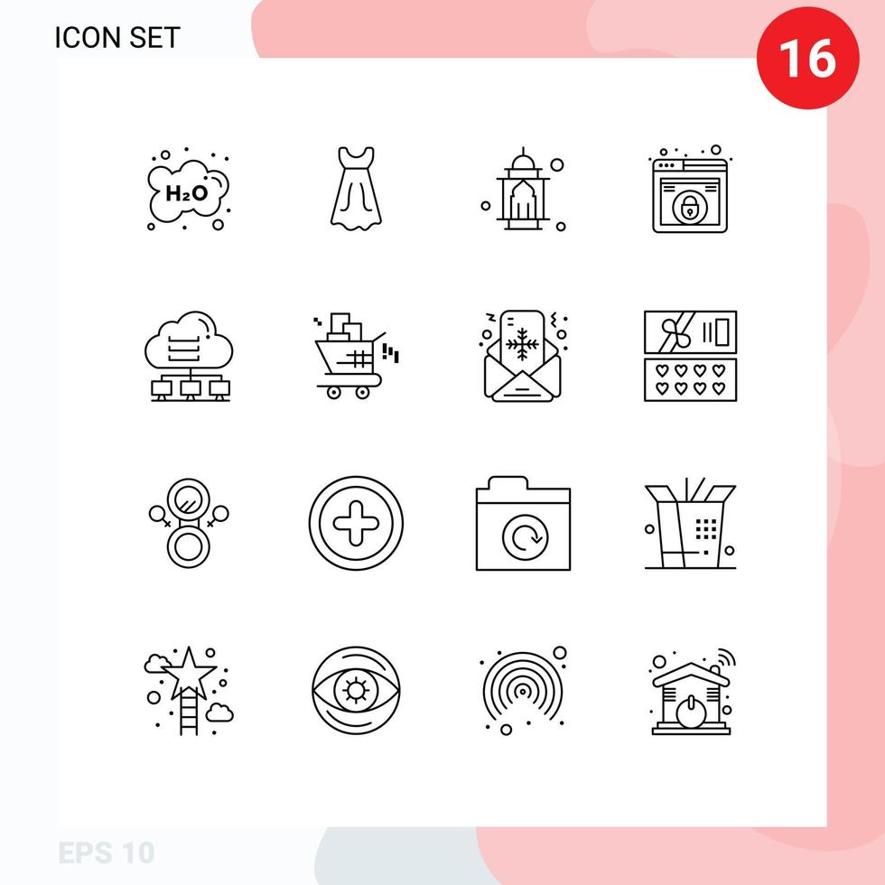 Pictogram Set of 16 Simple Outlines of network web mosque lock pray Editable Vector Design Elements