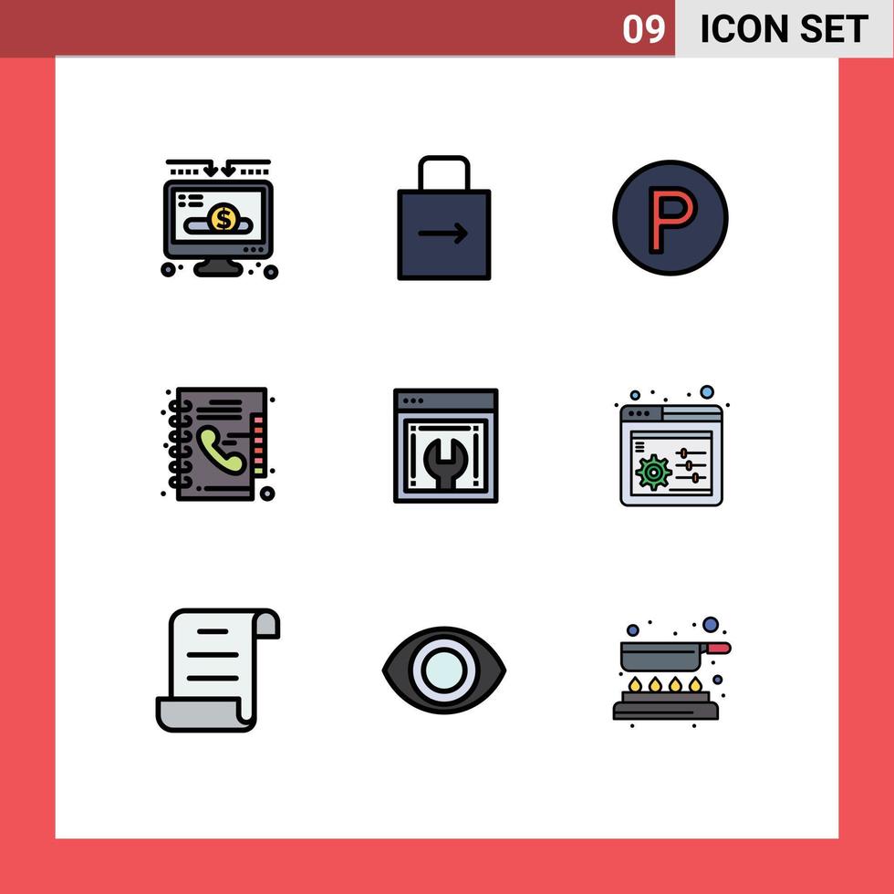 9 concepto de color plano de línea completa para sitios web móviles y aplicaciones configuración web guía telefónica seguridad guía telefónica elementos de diseño vectorial editables vector