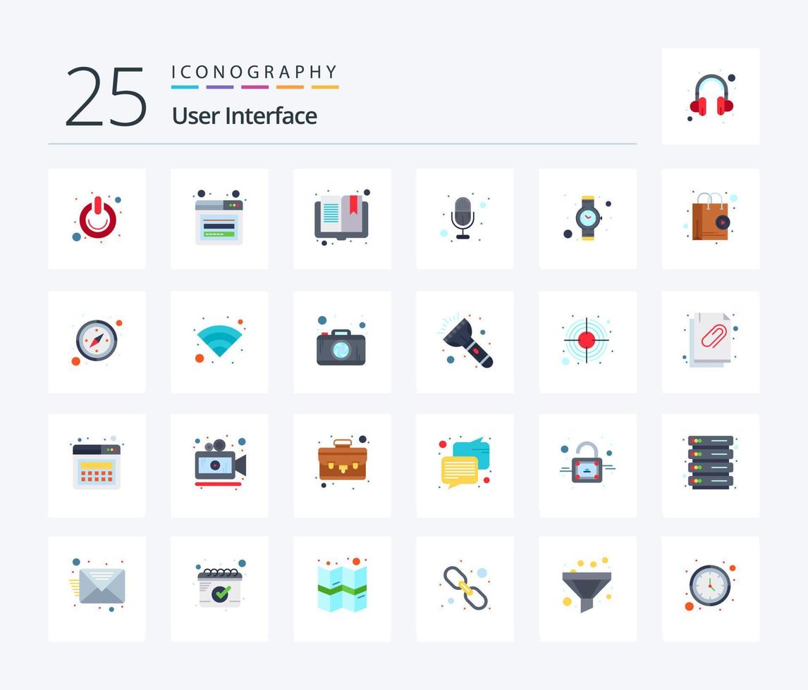 User Interface 25 Flat Color icon pack including time. voice. web. recording. reading vector