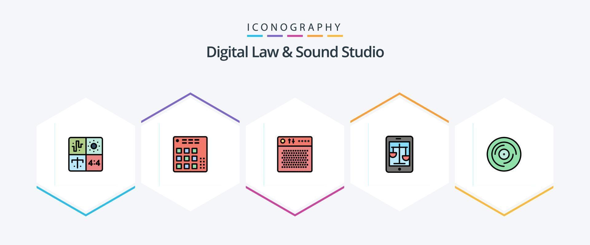 Digital Law And Sound Studio 25 FilledLine icon pack including law. court. live. portable. device vector