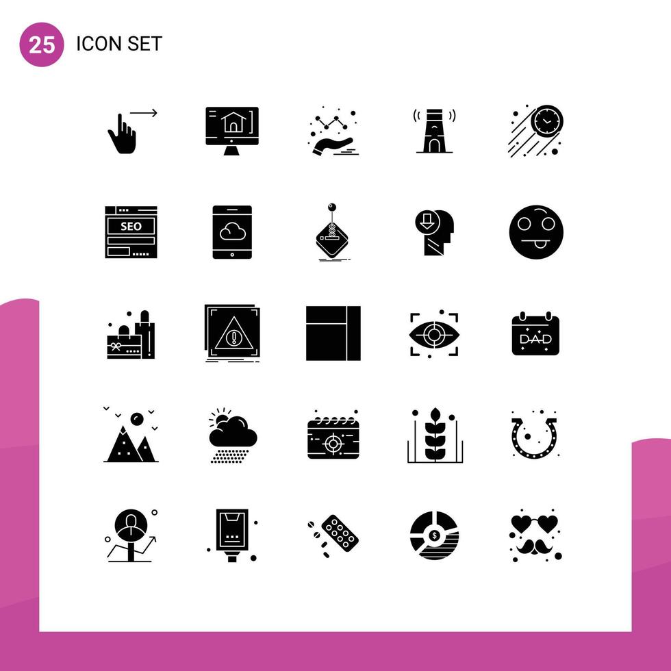 Mobile Interface Solid Glyph Set of 25 Pictograms of stopwatch fast analytics tower building Editable Vector Design Elements