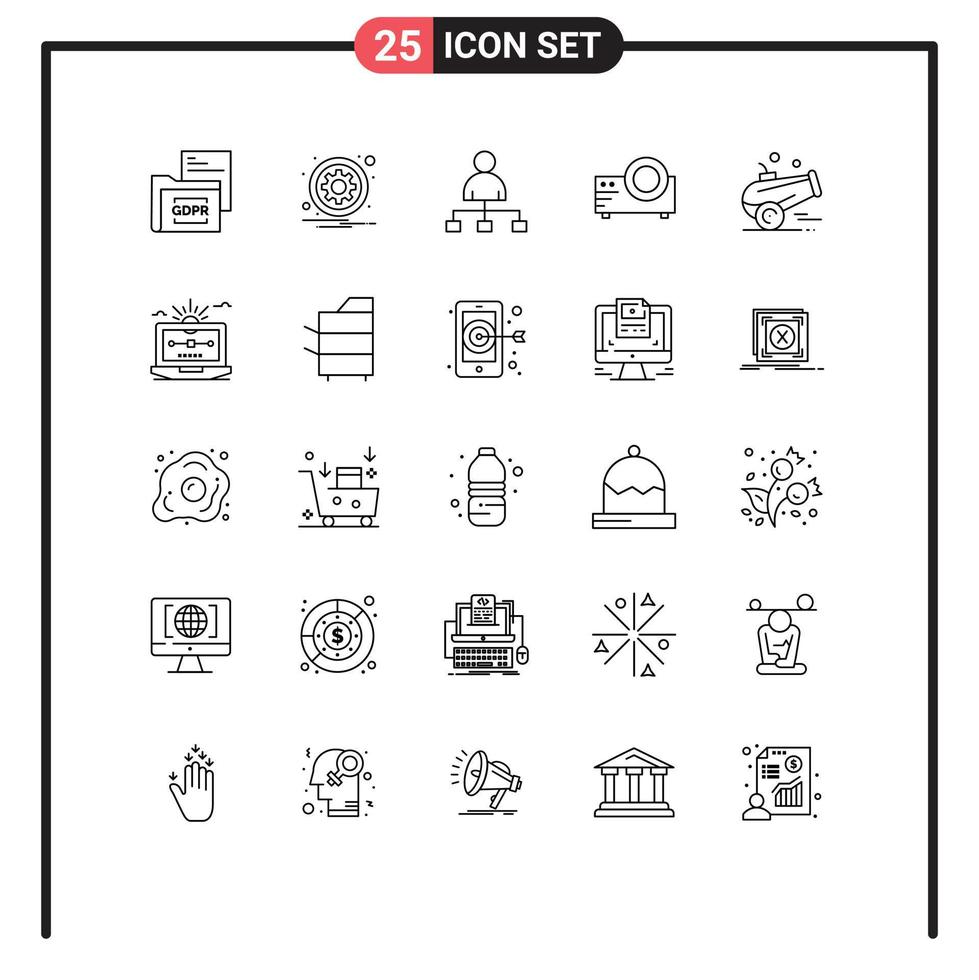 Mobile Interface Line Set of 25 Pictograms of multi media film setting projector film Editable Vector Design Elements