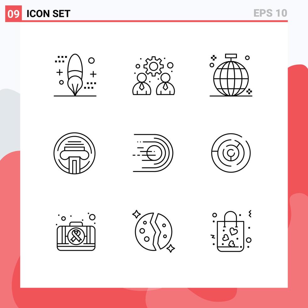 Pack of 9 Modern Outlines Signs and Symbols for Web Print Media such as writer type work printer disco Editable Vector Design Elements