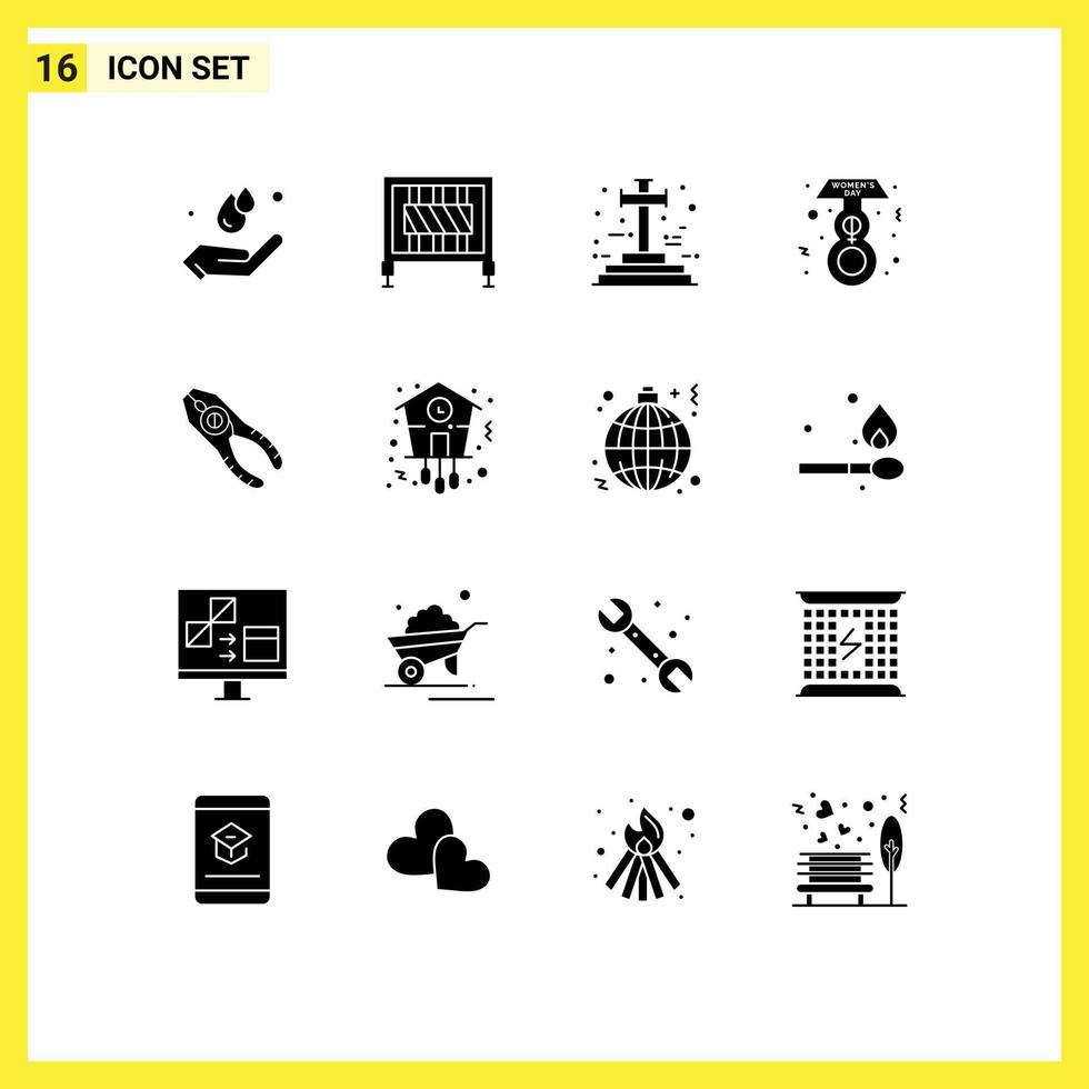 Set of 16 Modern UI Icons Symbols Signs for tongs pincers cross day eight march Editable Vector Design Elements