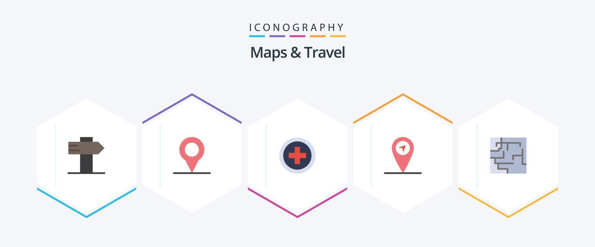Paquete de 25 iconos planos de mapas y viajes que incluye . GPS. laberinto vector