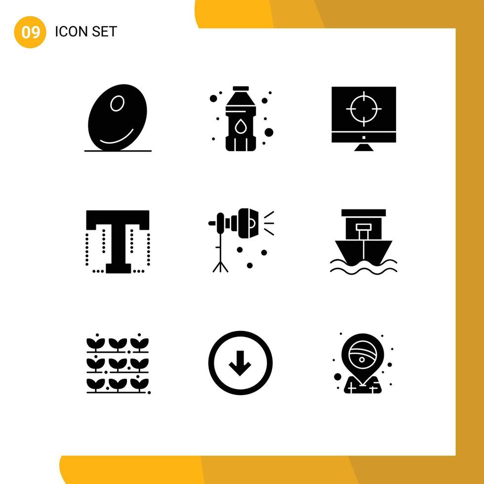 Mobile Interface Solid Glyph Set of 9 Pictograms of spotlight light target illumination tool Editable Vector Design Elements