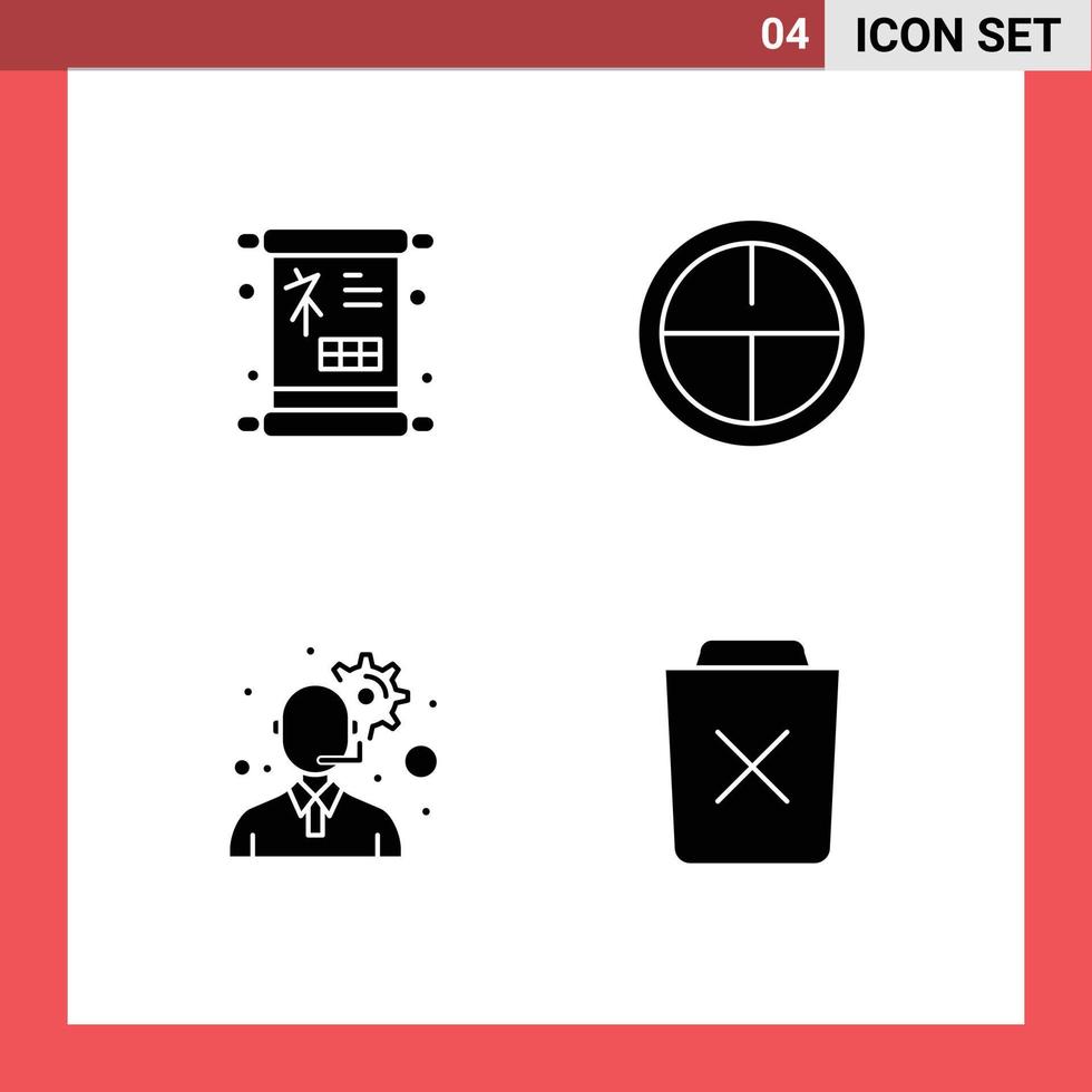 Pack of 4 creative Solid Glyphs of chinese management sign military bin Editable Vector Design Elements