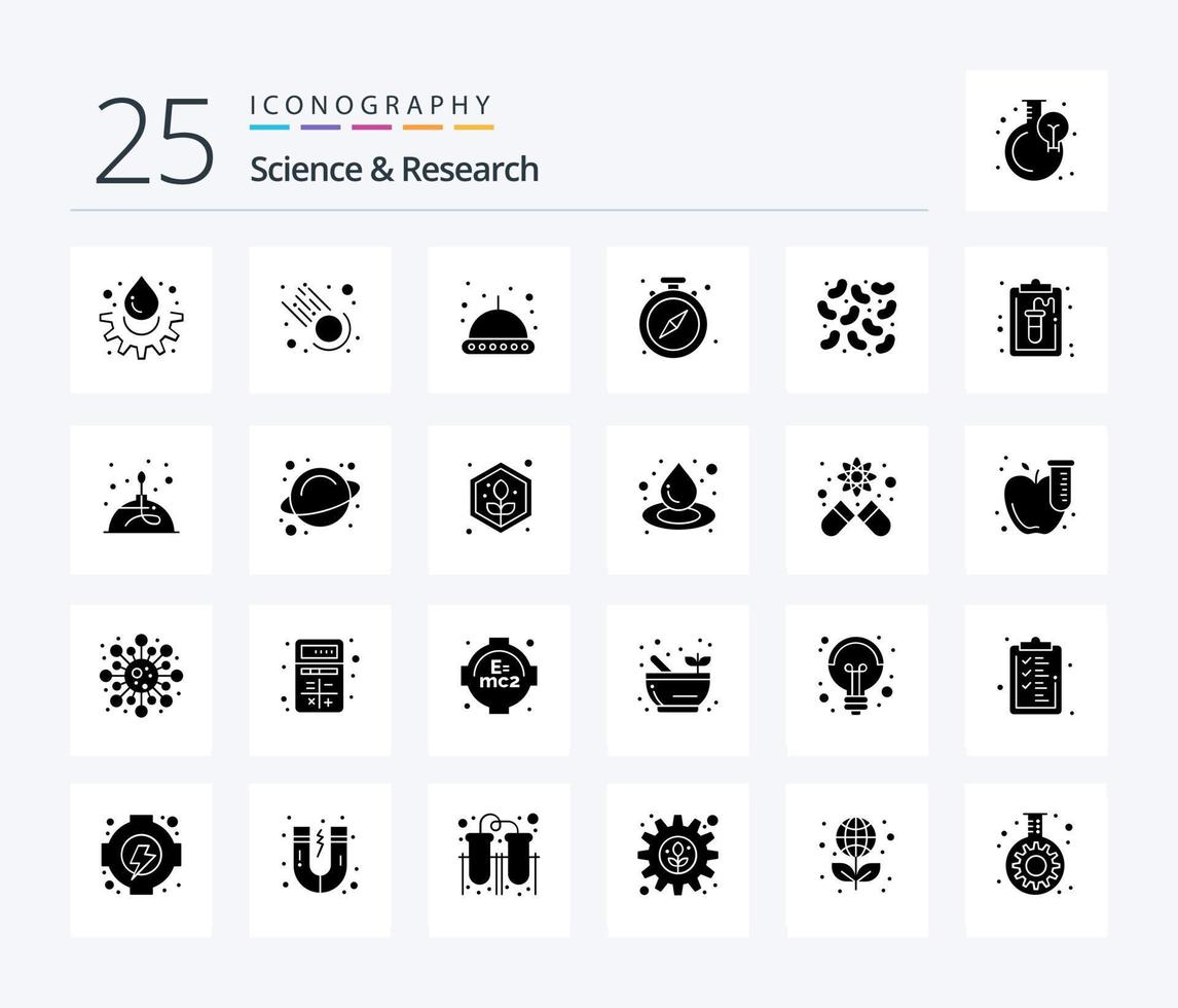 Science 25 Solid Glyph icon pack including clipboard. diseases. space. bacteria. watch vector